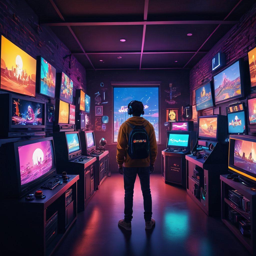 A vibrant and dynamic scene showcasing a gamer immersed in an exciting virtual world, surrounded by colorful digital landscapes and nostalgic game characters. Emulation tools like retro consoles and modern devices are artistically integrated into the environment, highlighting their importance in enhancing gaming experiences. Soft glowing effects illuminate the scene, symbolizing joy and creativity. Include diverse game genres to showcase variety. colorful and whimsical. 3D. vibrant colors.