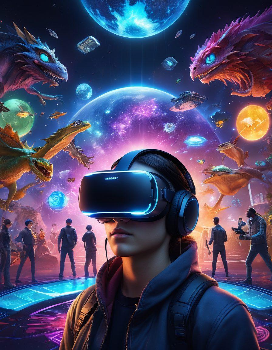 A futuristic scene depicting a diverse group of gamers immersed in a virtual reality landscape, showcasing advanced VR headsets and holographic interfaces. The background features a vibrant, colorful digital world filled with fantastical creatures and immersive environments, symbolizing the endless possibilities of gaming virtualization. The atmosphere should convey excitement and innovation, with dynamic light effects and eye-catching details. super-realistic. vibrant colors. 3D.