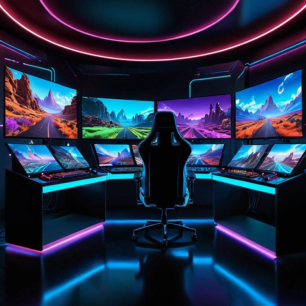 A futuristic gaming setup showcasing advanced emulator software on a high-tech screen. Surrounding the screen are vibrant virtual landscapes and characters coming to life, symbolizing superior virtualization technology. The scene is illuminated with neon lights and holographic displays, creating an immersive experience. Incorporate elements of joy and excitement in the atmosphere. super-realistic. vibrant colors. 3D.